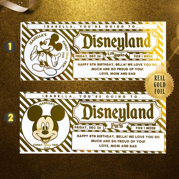 Physical Disney Land Surprise Gold Boarding Pass Ticket Holiday Surprise Reveal, First Disney Trip Letter, Birthday Trip Gift, Custom Ticket