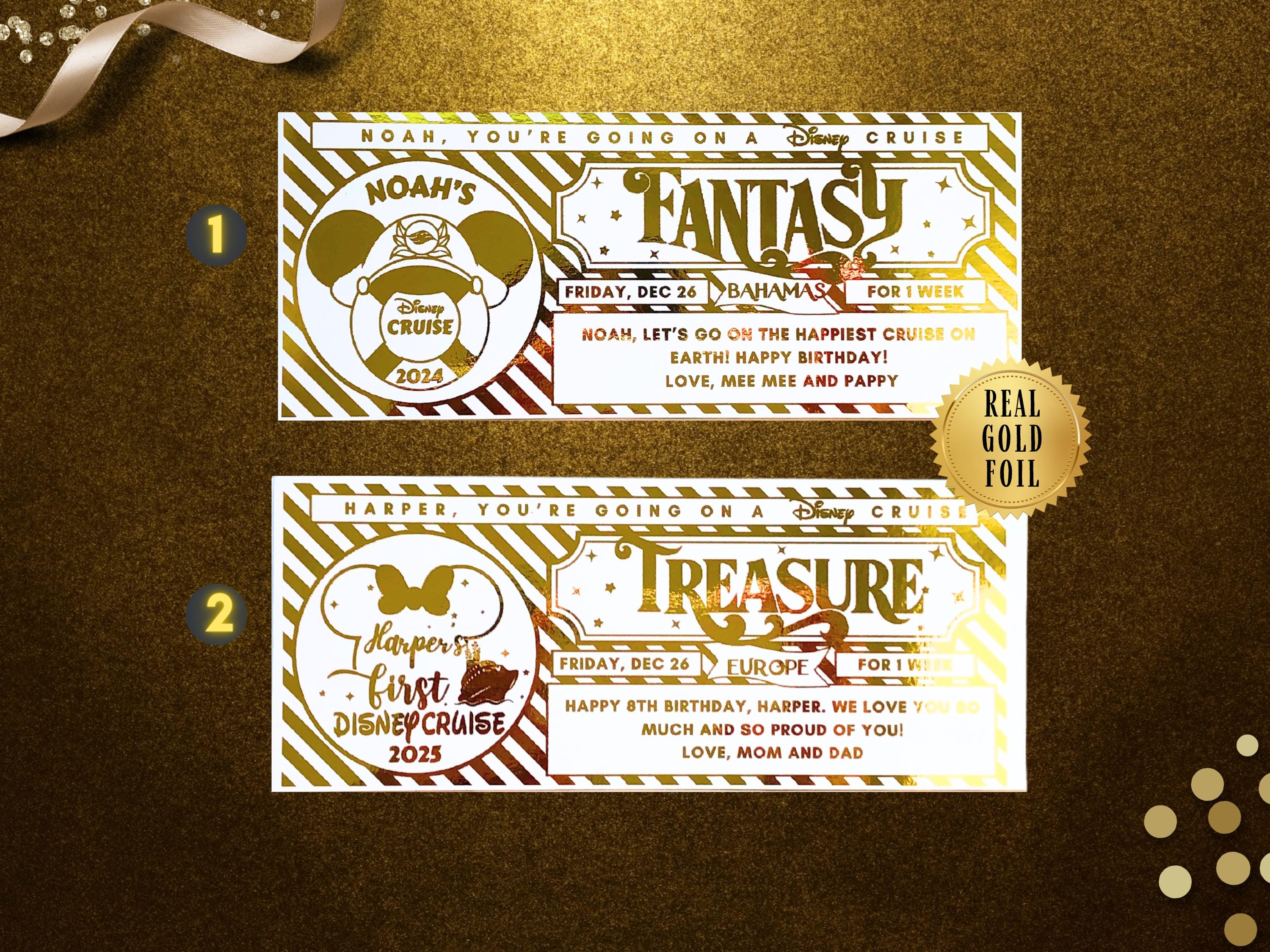 Physical Gold Foil Disney Cruise Gift Surprise With Magnet, Cruise Line Surprise Reveal Ticket, First Disney Cruise Holiday Vacation Reveal