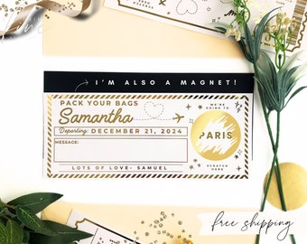 Gold Foil Scratch Holiday Reveal With Magnet, Surprise Gift Card Holiday Announcement for Valentines, Anniversary, Birthday Boarding Pass