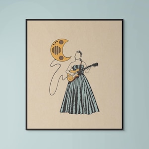 May include: Illustration of a person playing a guitar, wearing a strapless dress with vertical blue and black stripes. A yellow crescent moon with a speaker design is connected to the person with a line. The artwork is framed in a black border.
