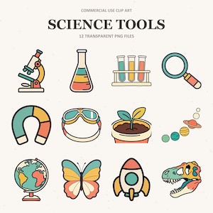 Può includere: Una raccolta di 12 icone clip art a tema scientifico che includono un microscopio, una beuta, provette, una lente d'ingrandimento, un magnete a ferro di cavallo, occhiali protettivi, una pianta, pianeti, un mappamondo, una farfalla, un razzo e un teschio di dinosauro.