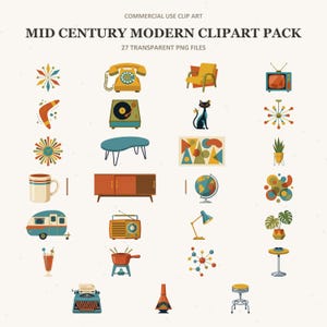 Mid Century Modern Clipart Pack, Retro Atomic Age-grafik (27 PNG-bilder)