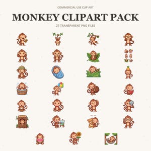 Monkey Clipart Pack, Jungle Animals, Safari PNG Bundle (27 Files)