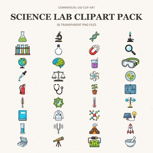 Pack de cliparts pour laboratoire scientifique, illustrations de chimie, biologie et STEM (36 PNG)