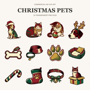 Julklappsdjur clipart, hund katt png-paket, julgranskulor, horn, tassavtryck, husdjursstrumpor, retro clipart, transparent nedladdning
