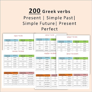 200 griechische Verben Konjugationstabellen | 200 griechische Verben und Zeitformen | Griechisch Printable | Sofort Download
