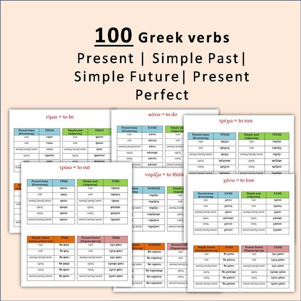 100 Greek Verbs Conjugation Tables | 100 Greek Verbs and Tenses | Greek Printable | Instant Download