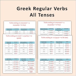 Tableaux de conjugaison des verbes réguliers grecs de tous les temps | Grec imprimable | Téléchargement instantané