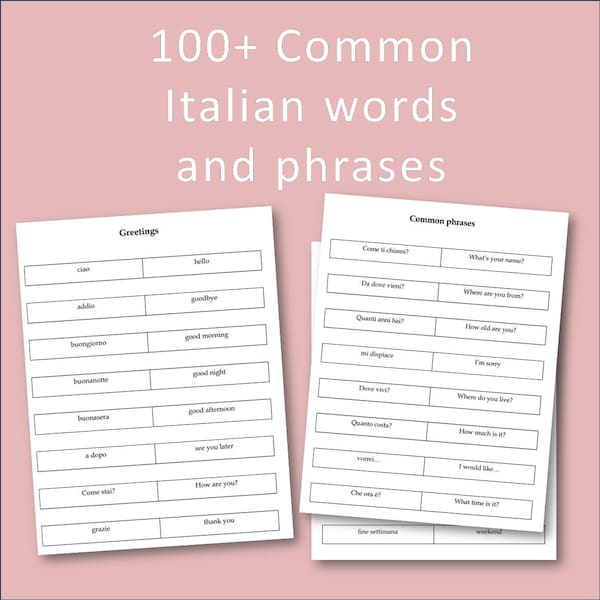 100+ Common Italian words and phrases | Italian flashcards printable | Language Learning | Instant download