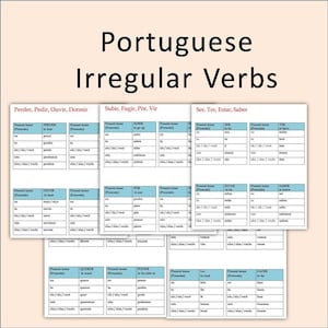 Tablas de conjugación de verbos irregulares en portugués / Tiempo presente / Versión imprimible en portugués / Póster de gramática portuguesa para el aula / Descarga instantánea
