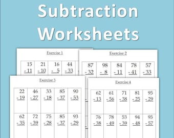 Subtraction Worksheets | 100 two-digit Subtractions with Answers | Instant Download