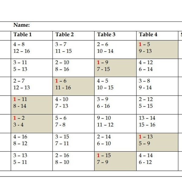 16 spelers Bridge Tallies - 4 tafels - Afdrukbare Progressive Bridge Tallies-scoreblokken