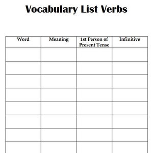 May include: A blank printable vocabulary list for verbs. The table has four columns labelled "Word", "Meaning", "1st Person of Present Tense", and "Infinitive".