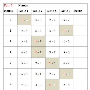 8 paires de chevalets Tally | 4 tables de pointage pour bridge progressif | Tableau de bord Bridge imprimable | Téléchargement instantané