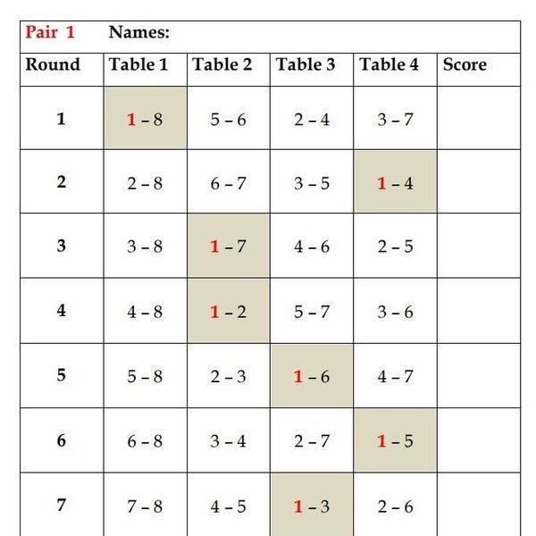 8 Pairs Bridge Tally | 4 Tables Progressive Bridge Tally | Bridge Scorepad Printable | Instant Download