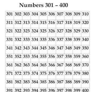 May include: A table displaying numbers from 301 to 400, organised in a grid format. The numbers are in a black font on a white background. The title "Numbers 301 - 400" is at the top.