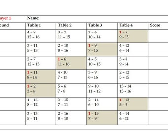 16 Players Bridge Tallies - 4 Tables - Printable Progressive Bridge Tallies Scorepads