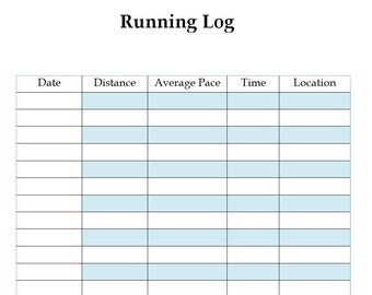Op de afbeelding: Een witte hardlooplog met de titel "Running Log" bovenaan. De log heeft kolommen voor Datum, Afstand, Gemiddeld tempo, Tijd en Locatie. De rijen zijn afgewisseld met lichtblauwe kleuren.