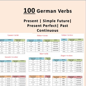 Tablas de conjugación de 100 verbos en alemán / 100 verbos y tiempos en alemán / Versión para imprimir en alemán / Descarga instantánea