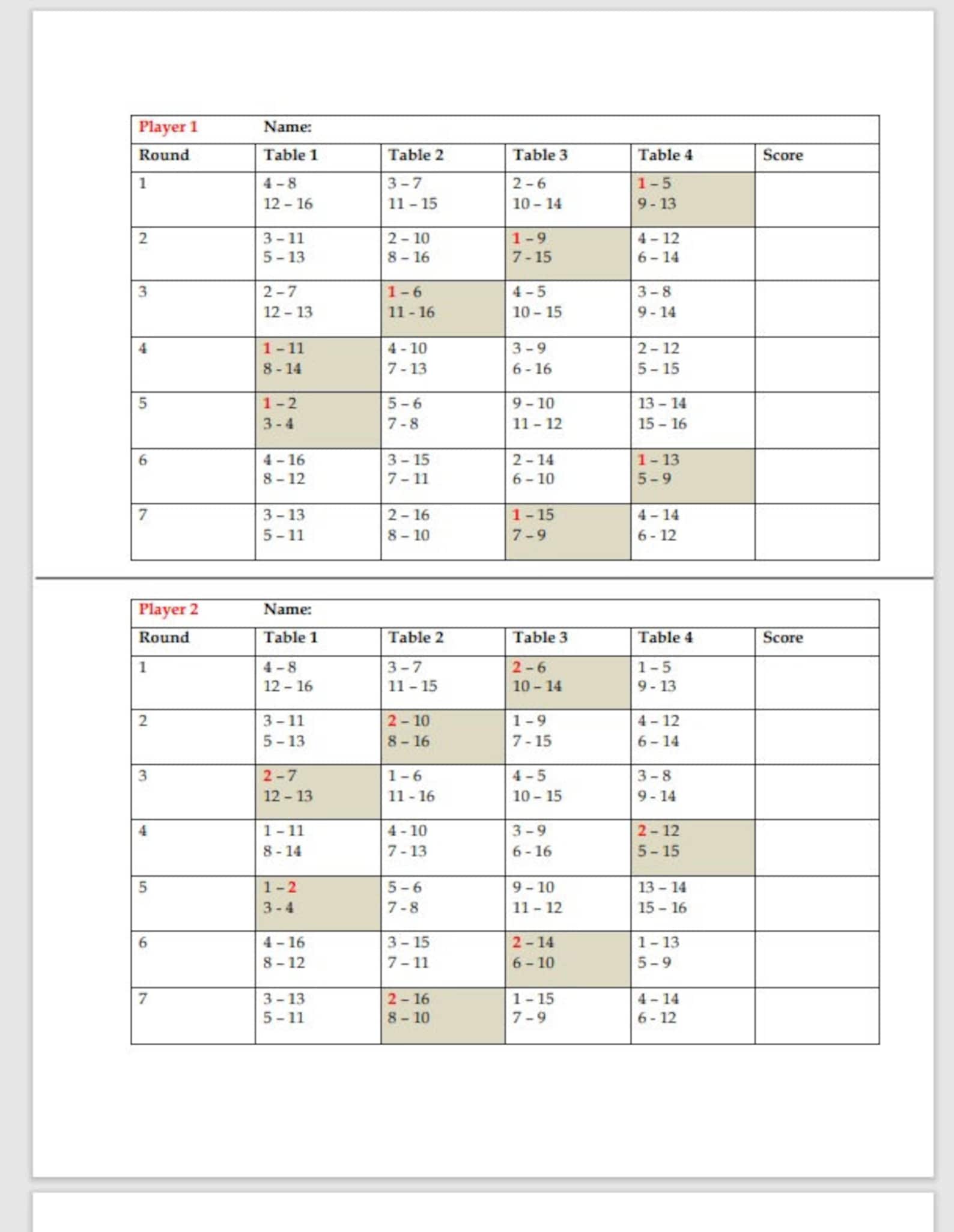 16 Players Bridge Tallies 4 Tables Printable Progressive Bridge Tallies
