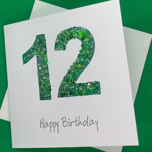 Carte d'anniversaire 12 ans, verte scintillante et pailletée