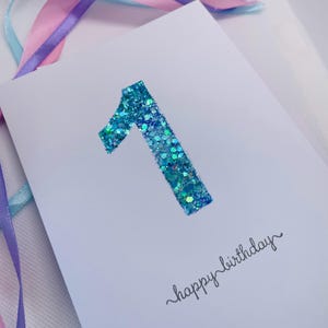 1ère carte d'anniversaire ! Jolie carte d'anniversaire « Sirène » scintillante et super brillante, dans les tons turquoise, violet, rose et bleu sarcelle