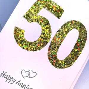 Carte d'anniversaire de mariage dorée scintillante super scintillante faite main pour 50e anniversaire