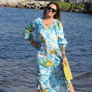 BLUE FLORAL DRESS, Lemon Print, Mother Day  Gift Long Silk Summer Beach Dress Women Clothing, Viscose Fabric comfortable dress