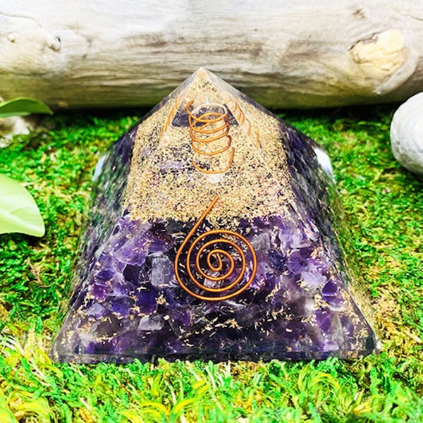 Amethyst Orgone Pyramid Healing X-Large  with Clear Quartz  point Dai Ko Myo Reiki symbol meditation Protection Charged Energy Crown Chakra