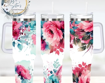 Floral 40oz Quencher Tumbler: Pink & Blue Flower Design