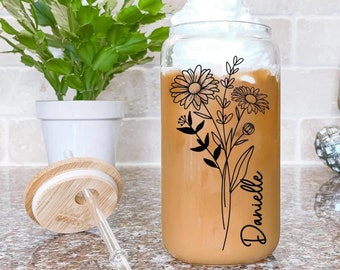 Personalized Birth Flower Glass Can: Custom 16oz Libbey Cup with Lid & Straw
