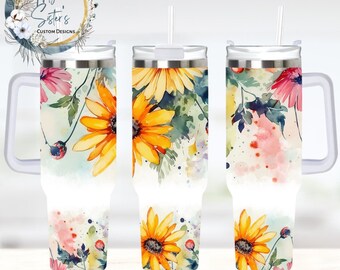 Floral 40oz Quencher | Fits in cup holder | Great Gift  |bright-flowers | right or left side   | Holiday | Birthday | add a name