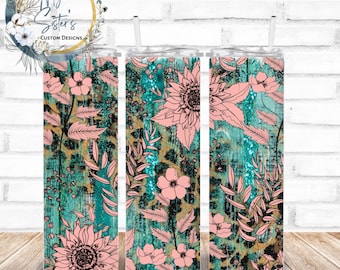 Teal Floral 20 oz Straight Tumbler | Flowers | Sunflowers | gift | Sublimation | Personalized Gift