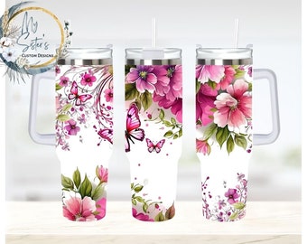 Pink Floral Butterfly 40oz Tumbler: Personalized Flower Travel Mug
