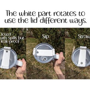 Op de afbeelding: Een witte beker met een doorzichtig deksel. Het witte deel van het deksel draait om verschillende drinkmethoden mogelijk te maken: gesloten, nippen en rietje. De tekst luidt: "Gesloten - Helpt bij morsen, maar niet lekvrij".