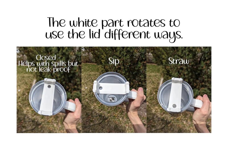 Op de afbeelding: Een witte beker met een doorzichtig deksel. Het witte deel van het deksel draait om verschillende drinkmethoden mogelijk te maken: gesloten, nippen en rietje. De tekst luidt: "Gesloten - Helpt bij morsen, maar niet lekvrij".