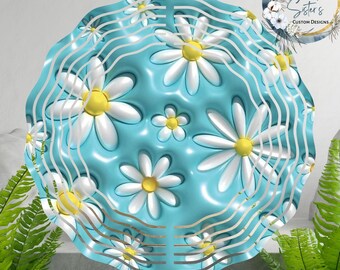 May include: A blue metal wind spinner with a daisy pattern. The daisies are white with yellow centers and are layered on top of each other. The wind spinner has a wavy design and is made of metal.