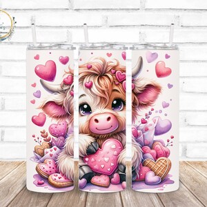 Highland Cow and Cookies Valentine 20 oz Straight Tumbler | Valentines Day | Kisses | Hearts | XOXO | Love | Sublimation | Personalized Gift