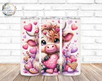 Highland Cow & Cookies Valentine Tumbler | Personalized 20 oz Stainless Steel