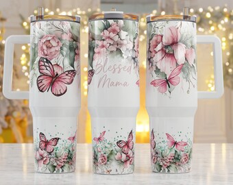 Blessed Mama Floral 40oz Tumbler: Sublimated Design, Mom Gift