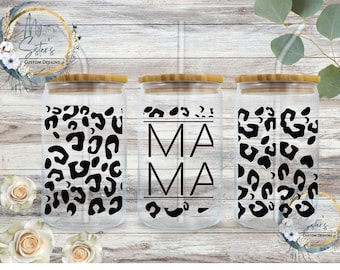 Mama Leopard Libbey Glass: 16 oz Iced Coffee Cup with Bamboo Lid
