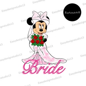 May include: A cartoon bride dressed in a white wedding gown with a pink veil and holding a bouquet of red roses. The word "Bride" is written in pink letters below her.