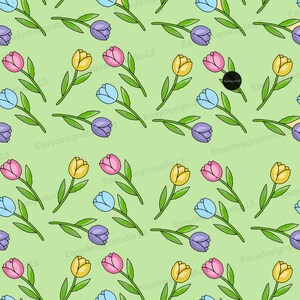Pode incluir: Um padrão sem costura com tulipas coloridas sobre um fundo verde claro. As tulipas são em tons de amarelo, rosa, azul e roxo.
