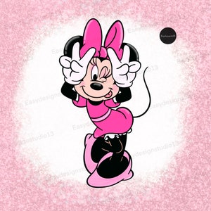 May include: A cartoon illustration of Minnie Mouse wearing a pink dress and shoes, with a pink bow in her hair. She is winking and covering her eyes with her hands, making a peace sign with each hand.