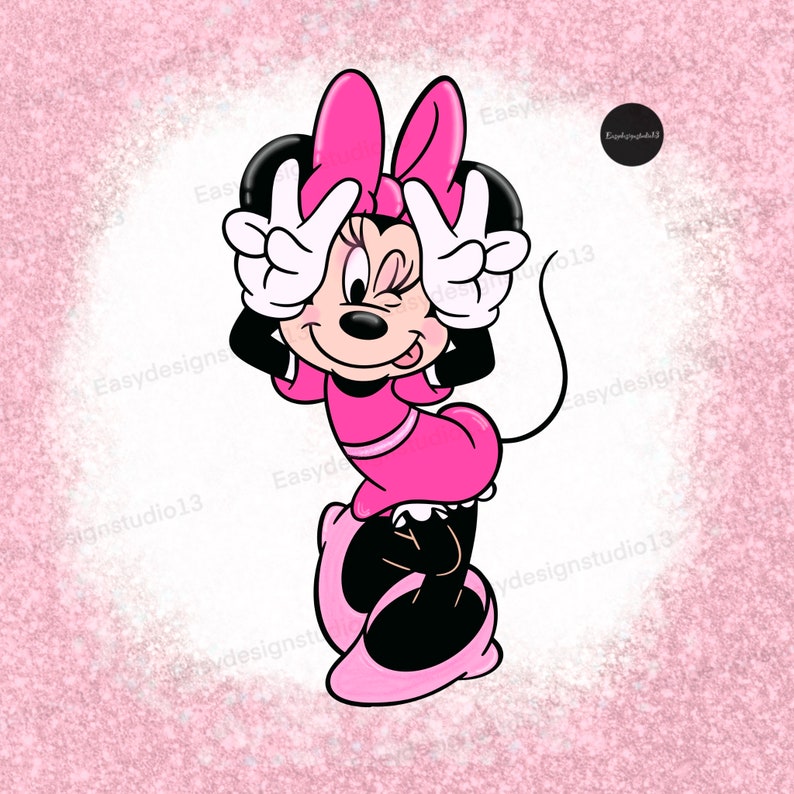 May include: A cartoon illustration of Minnie Mouse wearing a pink dress and shoes, with a pink bow in her hair. She is winking and covering her eyes with her hands, making a peace sign with each hand.