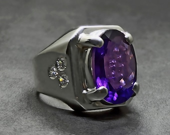 Handmade 15 Carat Amethyst Sterling Silver Mens Ring