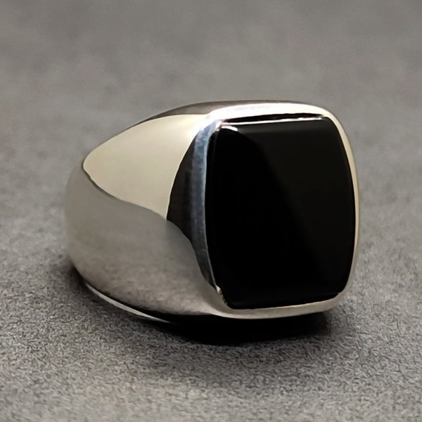 Square Black Agate Ring 925 Sterling Silver Plain Ring Handmade Mens Ring Natural Agate Statement Ring Siah Natural Aqeeq Ring Gift For Him