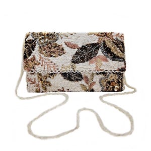 Cartera de boda blanca hecha a mano con abalorios, diseño de lentejuelas, adornada con trenza larga, cadena de cuentas, bolso de noche de moda para ella, billetera para mujer