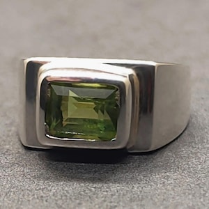 Handmade Kohistani Peridot Ring: Emerald Cut Sterling Silver Mens Ring