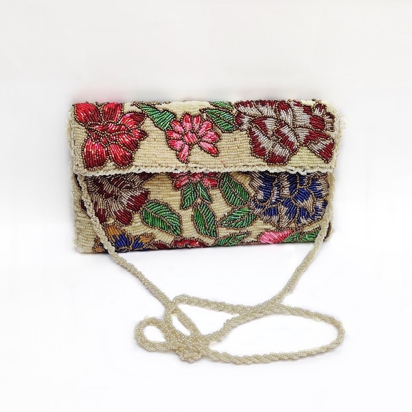 Beauttifull Flowers Desgin Glass Beading Handmade Clutch Off White Embellished Handbag Long Braided Bead Strap Shoulder Bag Wedding Purse